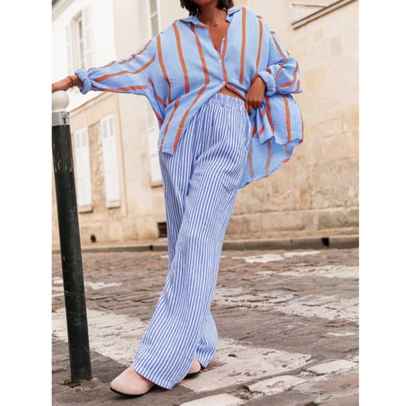 Blue Striped Oversized Button Down Shirt Long Sleeve - Picture 5 of 6